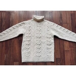Womens Orvis Irish Style Ireland Aran Cream 100% Wool Bobble Knit Sweater Size S
